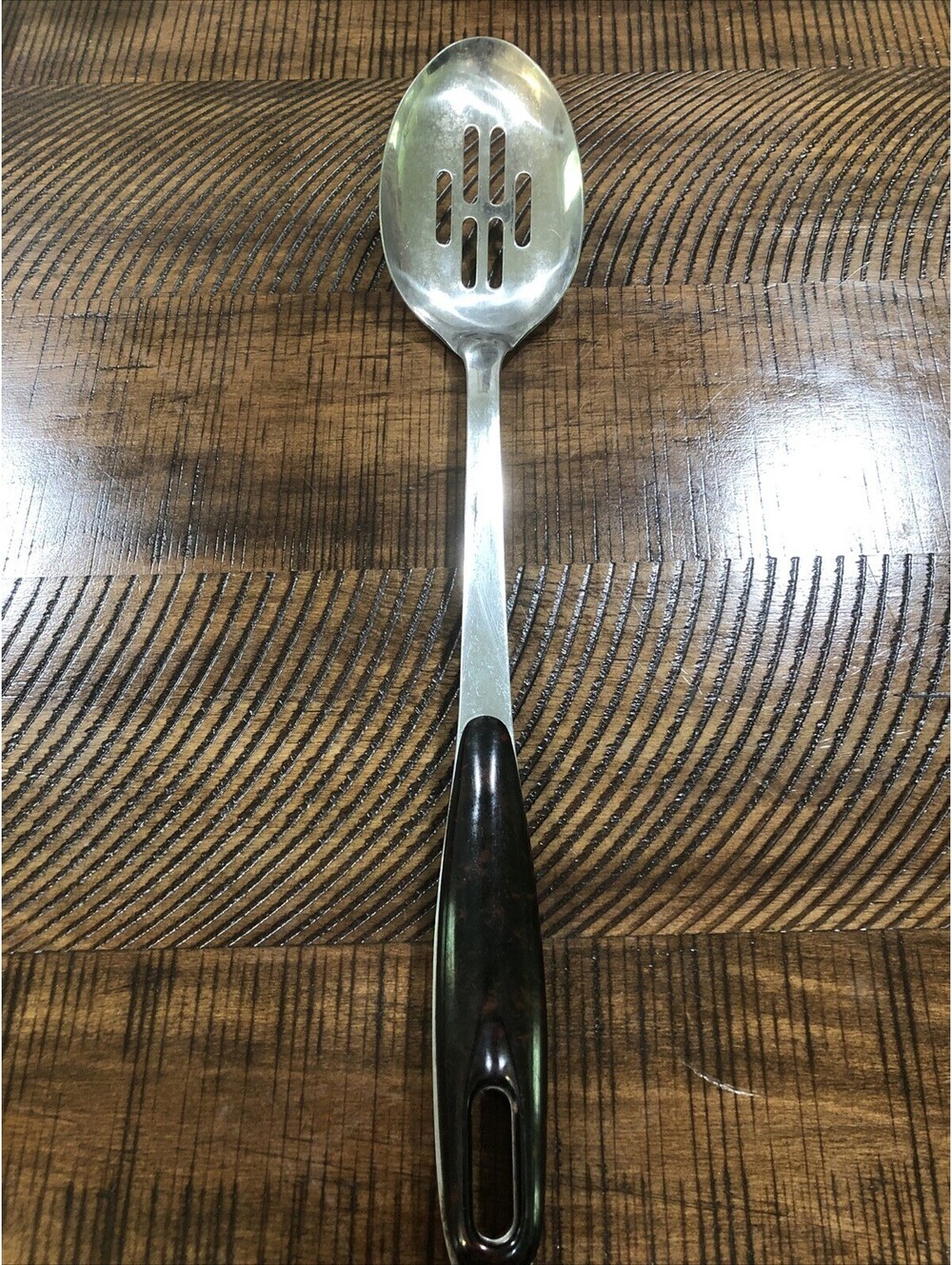 Vtg 14” Stainless Steel Slotted Serving Spoon Faux Tortoiseshell/ Marbled Handle